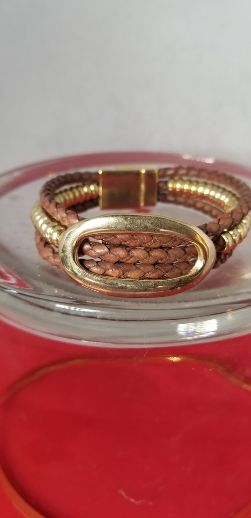 Men's Braided Leather and Brass Bracelet - Aimeescloset.com