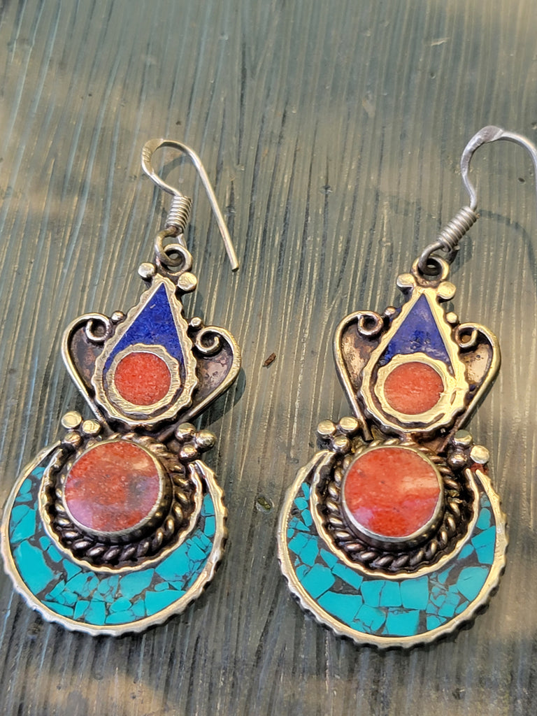 Tibetan Turquoise Coral and Wire Earring - Aimeescloset.com