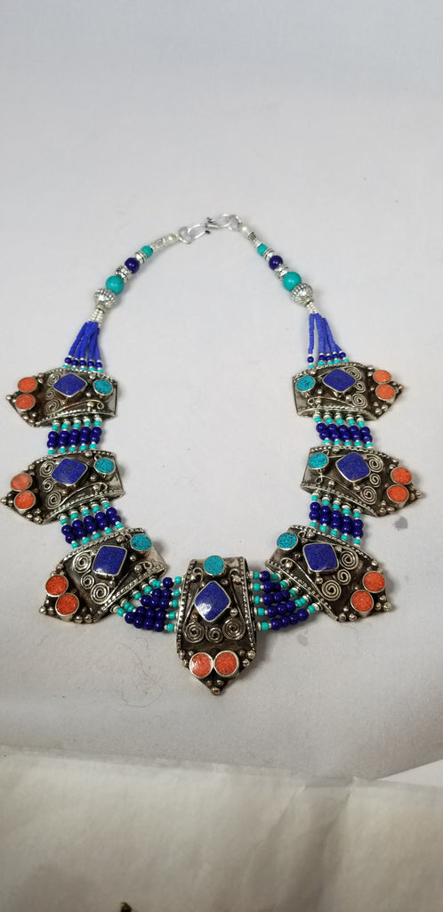 Ornate Lapis Coral and Turquoise with Embellished Plates Necklace - Aimeescloset.com