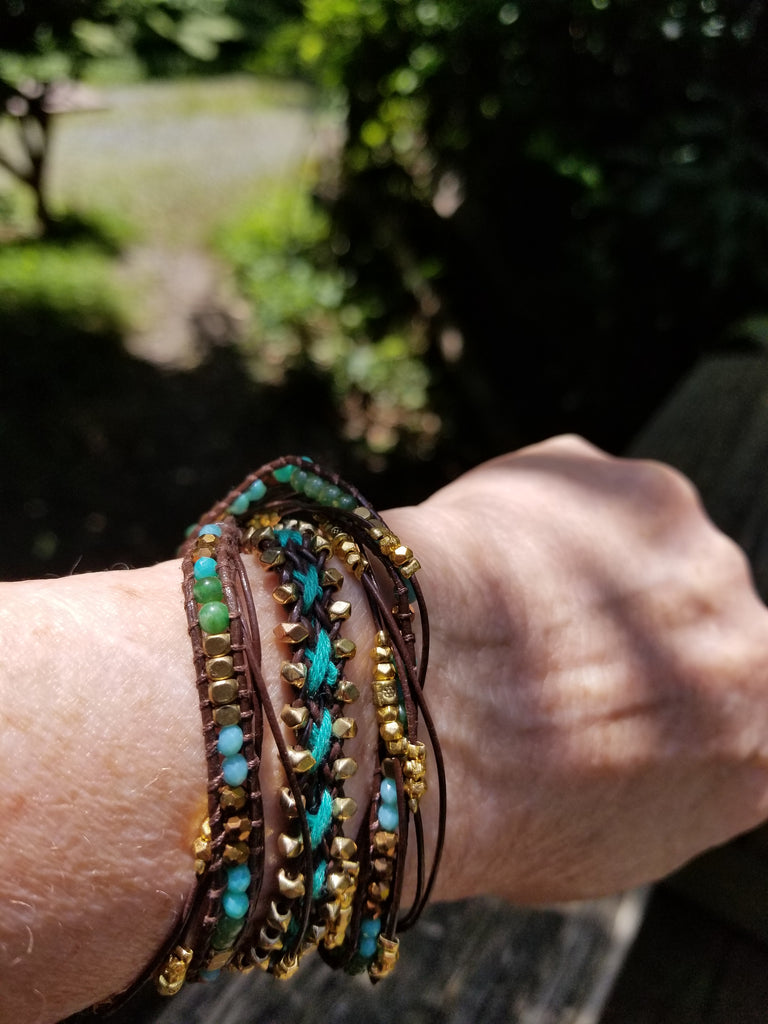 Turquoise,, Brass Beads Wrap Bracelet - Aimeescloset.com