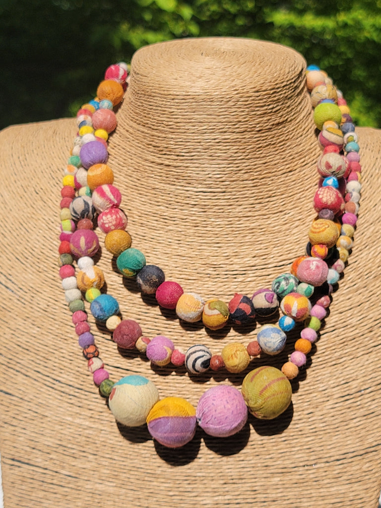 Three Strand CLoth Bead Kantha Necklace - Aimeescloset.com